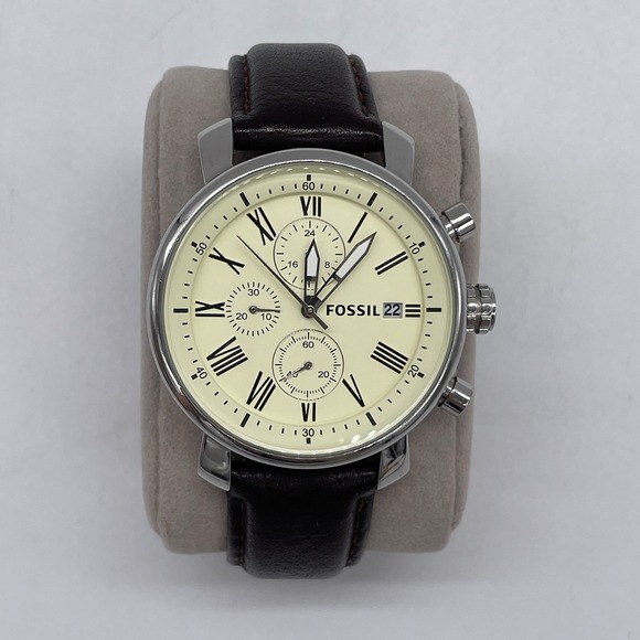 Fossil Mens Rhett Watch BQ1007 42mm Cream Dial Brown Leather Strap New Battery - Picture 1 of 16